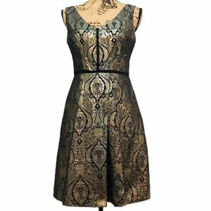 Ivy + Blu Gold Black Baroque Sleeveless Mini Dress